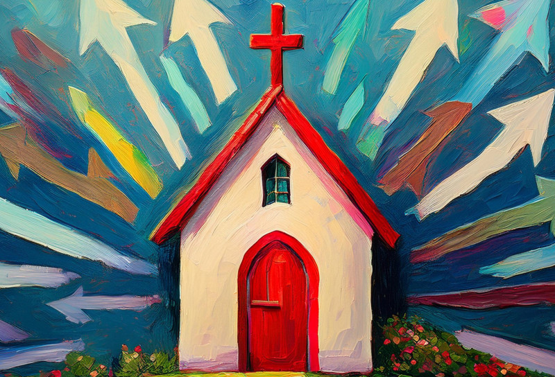 A vibrant, stylized painting of a small church with a red roof and cross, from which numerous arrows radiate outward in various directions, visually representing the concept of 